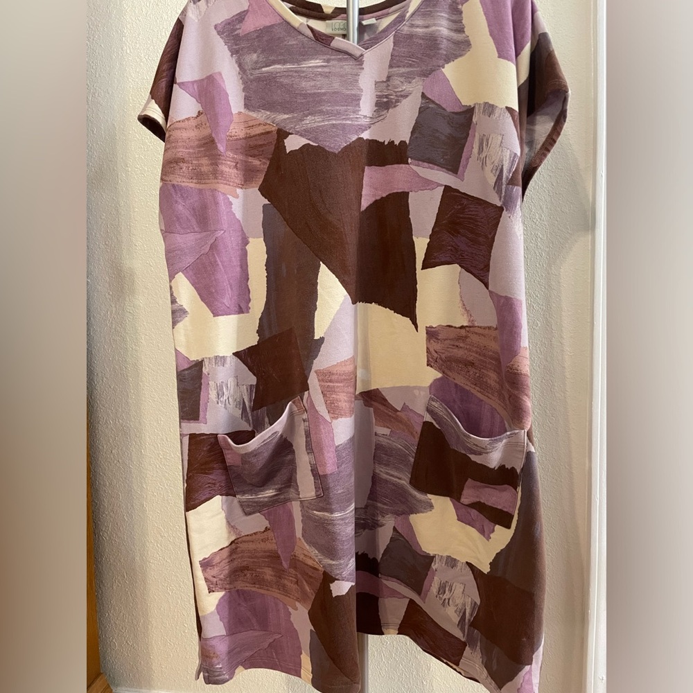 LOGO lounge by Lori Goldstein purple brown art abstract shirt dress v-neck sz Xl